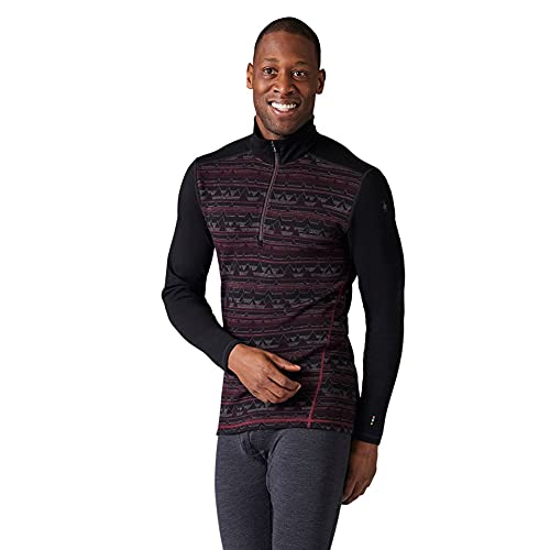 Smartwool Men's Merino 250 Pattern 1/4 Zip Long Sleeve Base Layer – Moisture-Wicking Merino Wool Top for Skiing, Hiking & Cold Weather Activities - Black-Tibetan Red Heather Mountain Range, M