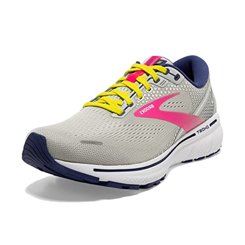 Brooks Women's Ghost 14 Neutral Running Shoe - Grey/Pink/Sulphur Spring - 11.5 Medium