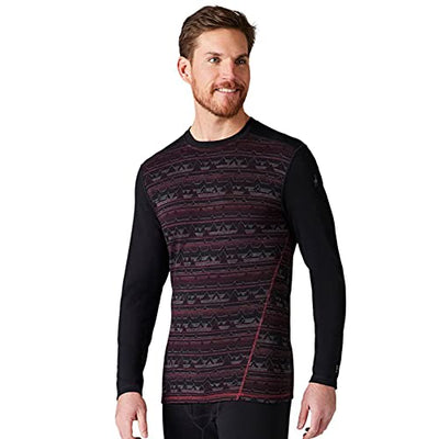 Smartwool Men's Merino 250 Pattern Crew Long Sleeve Base Layer – Moisture-wicking Merino Wool Shirt for Skiing, Hiking, Biking & Cold Weather Activities - Black-Tibetan Red Heather Mountain Range, XXL