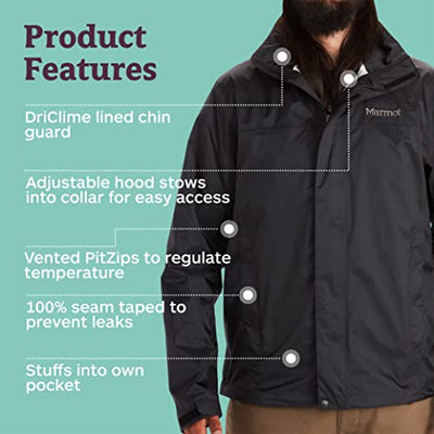 MARMOT Men’s PreCip Jacket | Lightweight, Waterproof, Black, Large