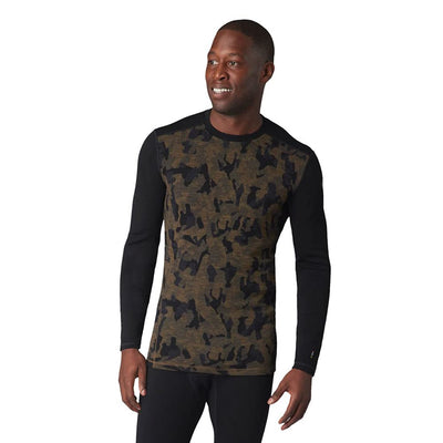 Smartwool Men's Merino 250 Pattern Crew Long Sleeve Base Layer – Moisture-Wicking, Merino Wool Shirt for Skiing, Hiking, Biking & Cold Weather Outdoor Activities - Military Olive Camo-Black, L