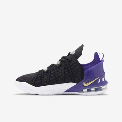 Nike Kid's Lebron 18 GS Basketball Shoes, Black/Court Purple/White/Metallic Gold, 5 Big Kid