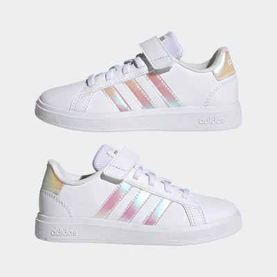 adidas Kids' Grand Court 2.0 Tennis Shoe 2 Little Kid Ftwr White/Iridescent/Ftwr White (Elastic)