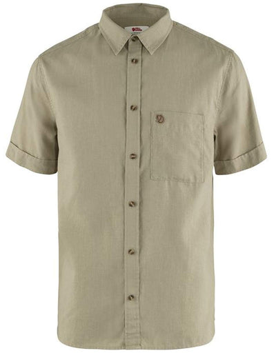 Fjällräven Ovik Travel Short Sleeve Shirt for Men - Straight Back with Locker Loop, Shirttail Hemline, and Machine Wash Cold Sand Stone XL One Size