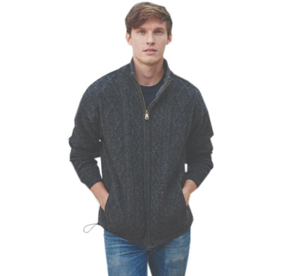 Men's Irish Wool Full Zip Sweater, Aran Stitched, Fully Lined, Front Pockets (US, Alpha, Medium, Regular, Regular, Gray)