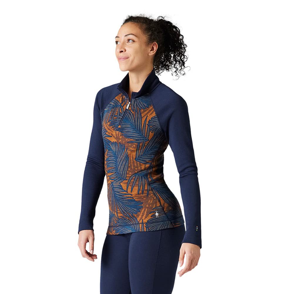 Smartwool Women's Merino 250 Pattern 1/4 Zip Long Sleeve Base Layer – Moisture-Wicking, Odor-Resistant Merino Wool Top for Skiing, Hiking, Biking & Cold Weather Outdoor Activities - Deep Navy Palm, M