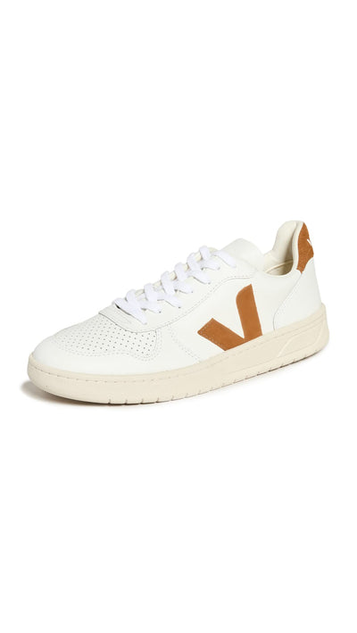 Veja Men's V-10 Leather Sneakers, Extra White/Camel, 7.5-8 Medium US