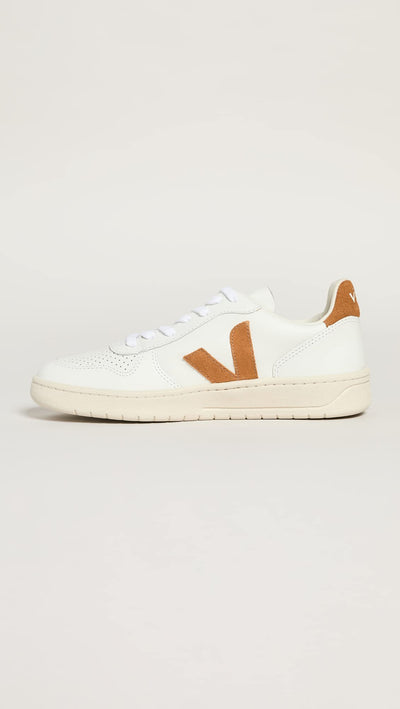 Veja Men's V-10 Leather Sneakers, Extra White/Camel, 7.5-8 Medium US