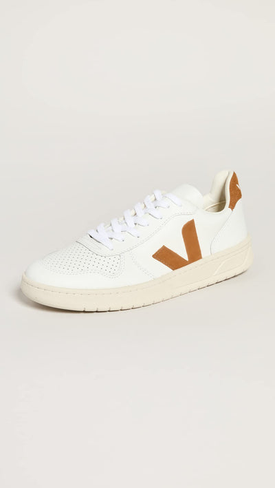 Veja Men's V-10 Leather Sneakers, Extra White/Camel, 7.5-8 Medium US