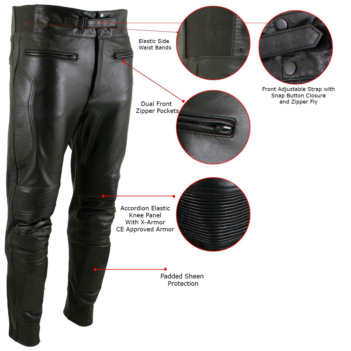 Xelement B7466 Men's 'The Racer' Black Cowhide Leather Racing Pants with X-Armor Protection - 44