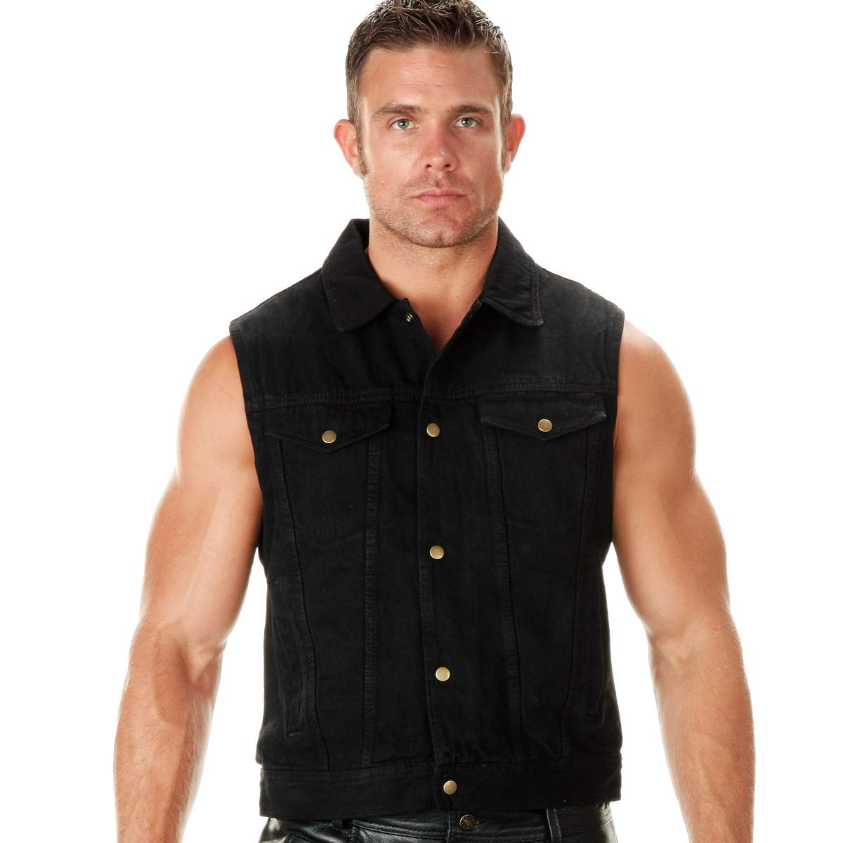 Xelement B285 Men's 'Dirty' Black Denim Motorcycle Rider Vest with Shirt Collar - Large