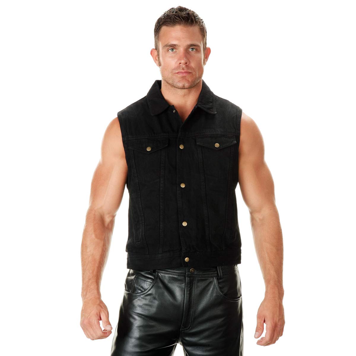 Xelement B285 Men's 'Dirty' Black Denim Motorcycle Rider Vest with Shirt Collar - Large