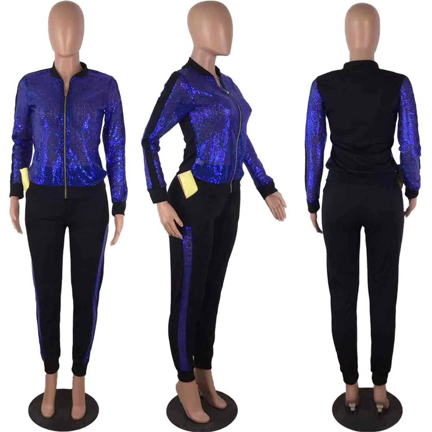 Women 2 Piece Glitter Sequin Outfits Tracksuit Zip Up Bomber Jacket Jogger Pants Pockets Metallic Jacket and Pant Set (Blue,XX-Large)