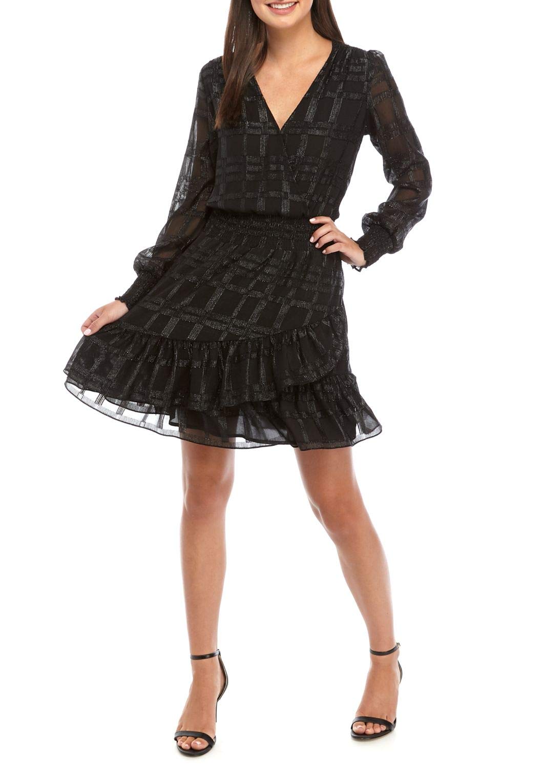 Michael Michael Kors Shiny Plaid Smocked Ruffled Dress Black Size X-Large