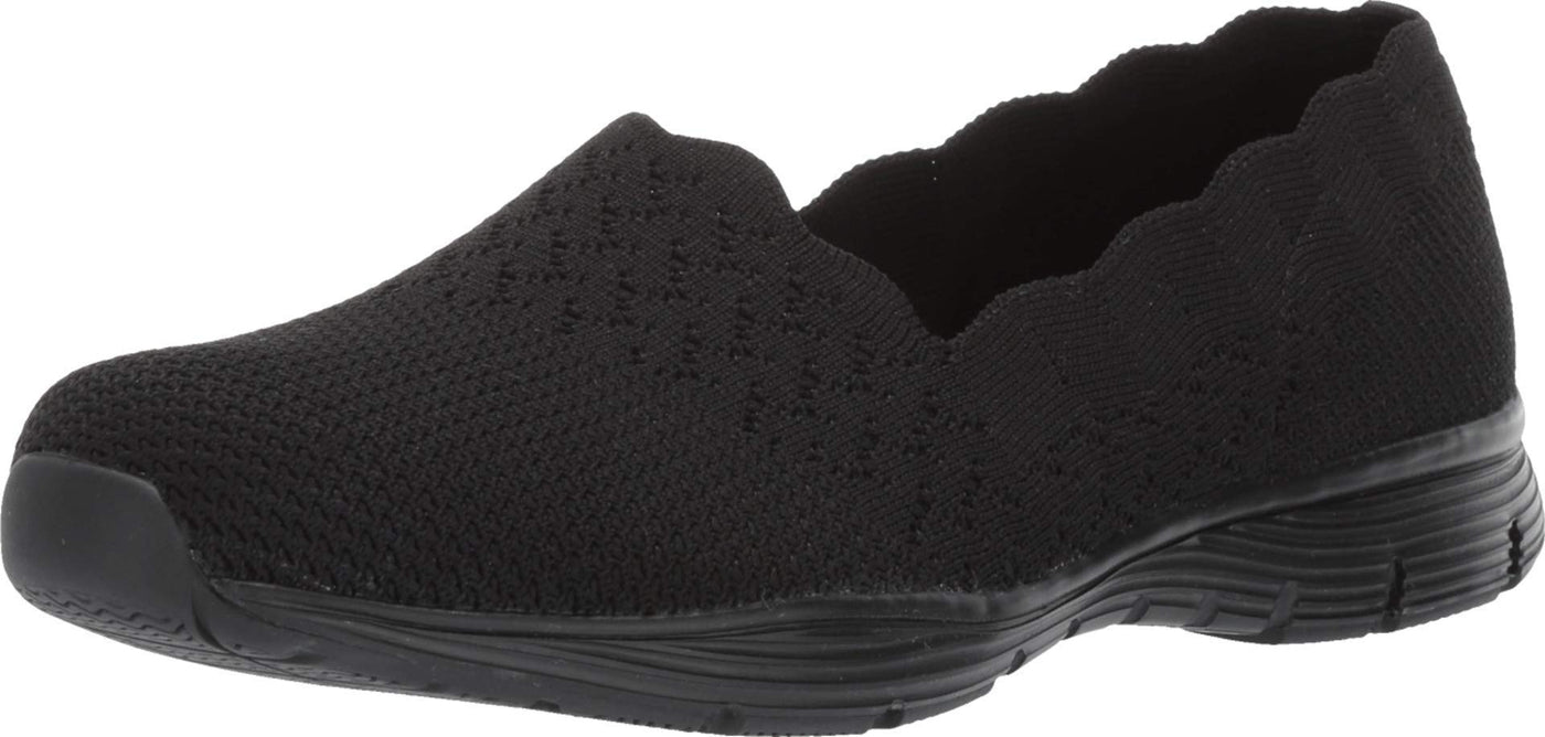 Skechers Women's Seager-Stat-Scalloped Collar, Engineered Skech-Knit Slip-on-Classic Fit Loafer, Black/Black, 5