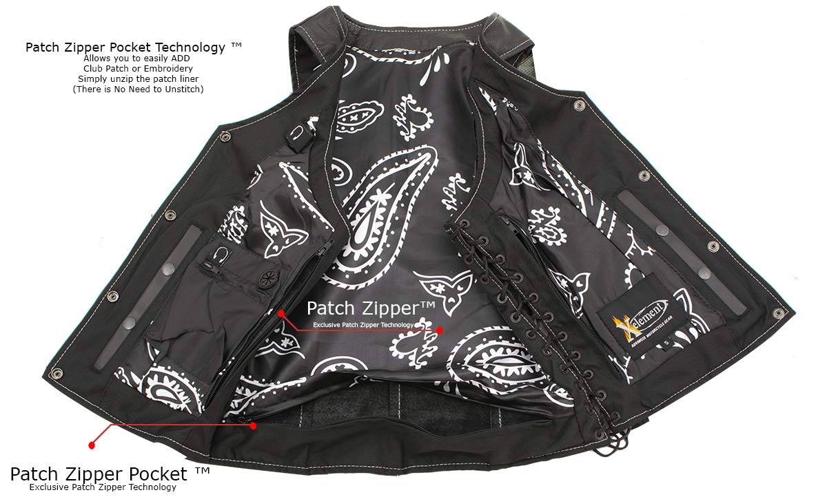 Xelement XS1029 Women's 'Paisley' Black Motorcycle Leather Vest with Side Lace Adjustment - X-Large