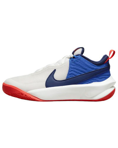 Nike Team Hustle D 10 Kids Basketball Shoes, Summit White/Game Royal/Bright Crimson/Midnight Navy, 5.5 US