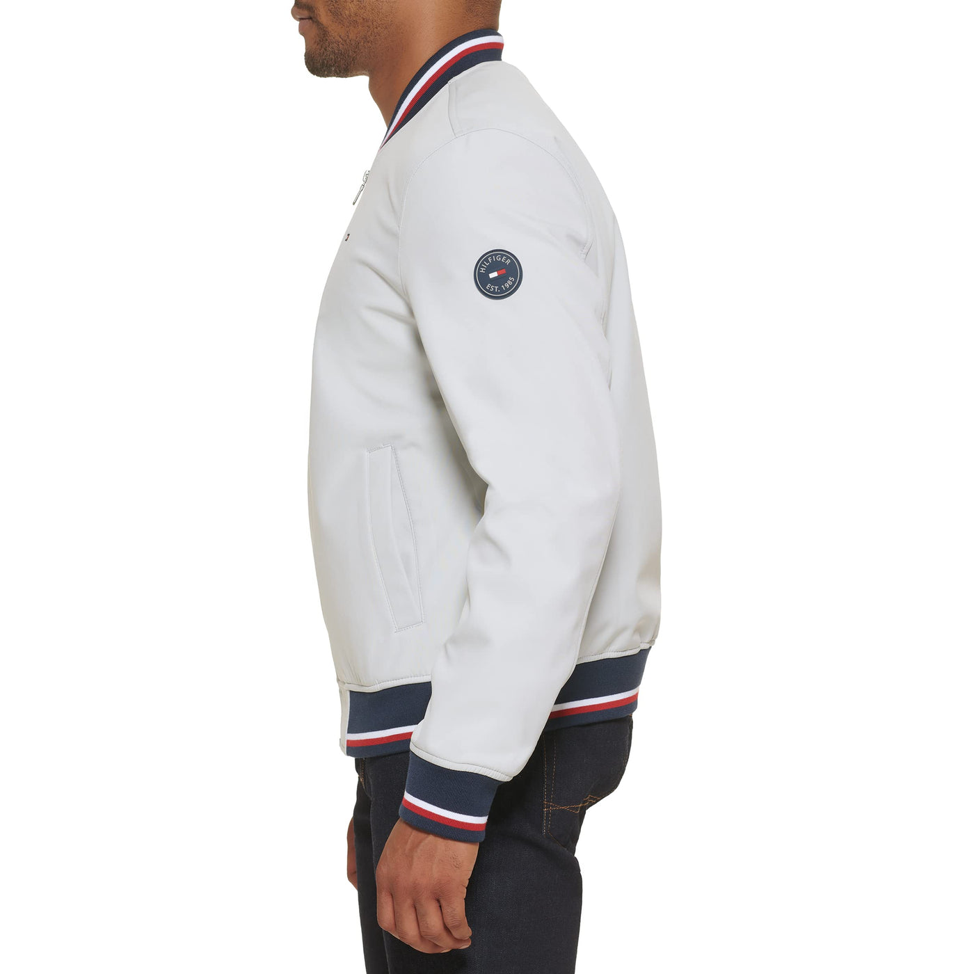 Tommy Hilfiger Men's Lightweight Varsity Rib Knit Bomber Jacket, Ice soft shell, XX-Large