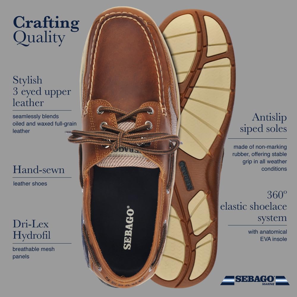 Sebago Clovehitch II FGL Waxed Boat Shoes - Leather Moccasins for Men with Breathable Mesh Panels, Anatomical EVA Midsoles, and Slip-Resistant Outsoles, Tan - 13 Regular