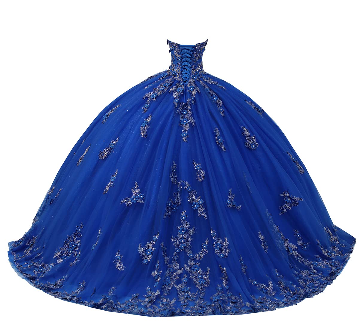Long Sweetheart Quinceanera Dresses for Women Strapless Corset with Floral Appliques Beaded Tulle Prom Dress 4 Royal Blue