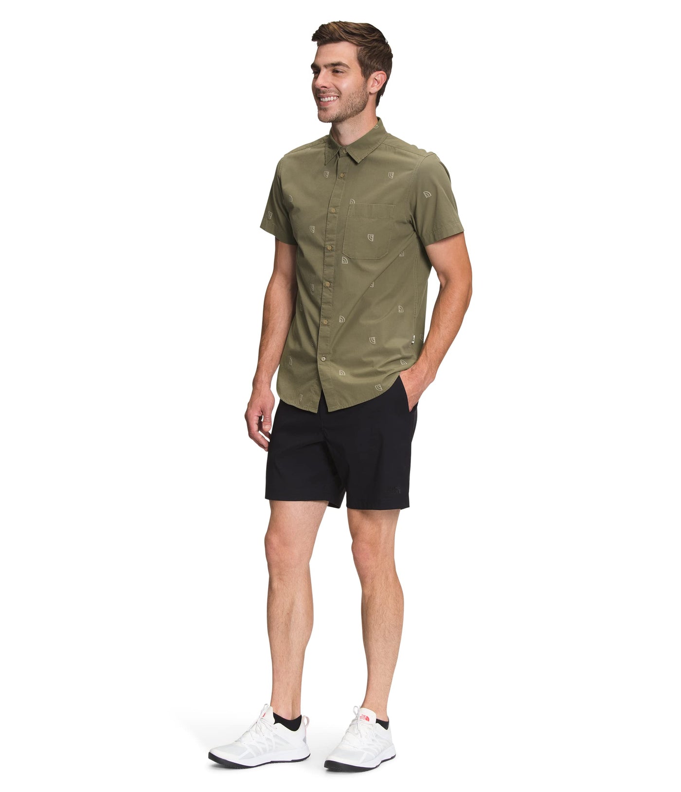 THE NORTH FACE Men's Baytrail Jacquard Button-Down Short-Sleeve Shirt, Burnt Olive Green Half Dome Knockout Print, Large