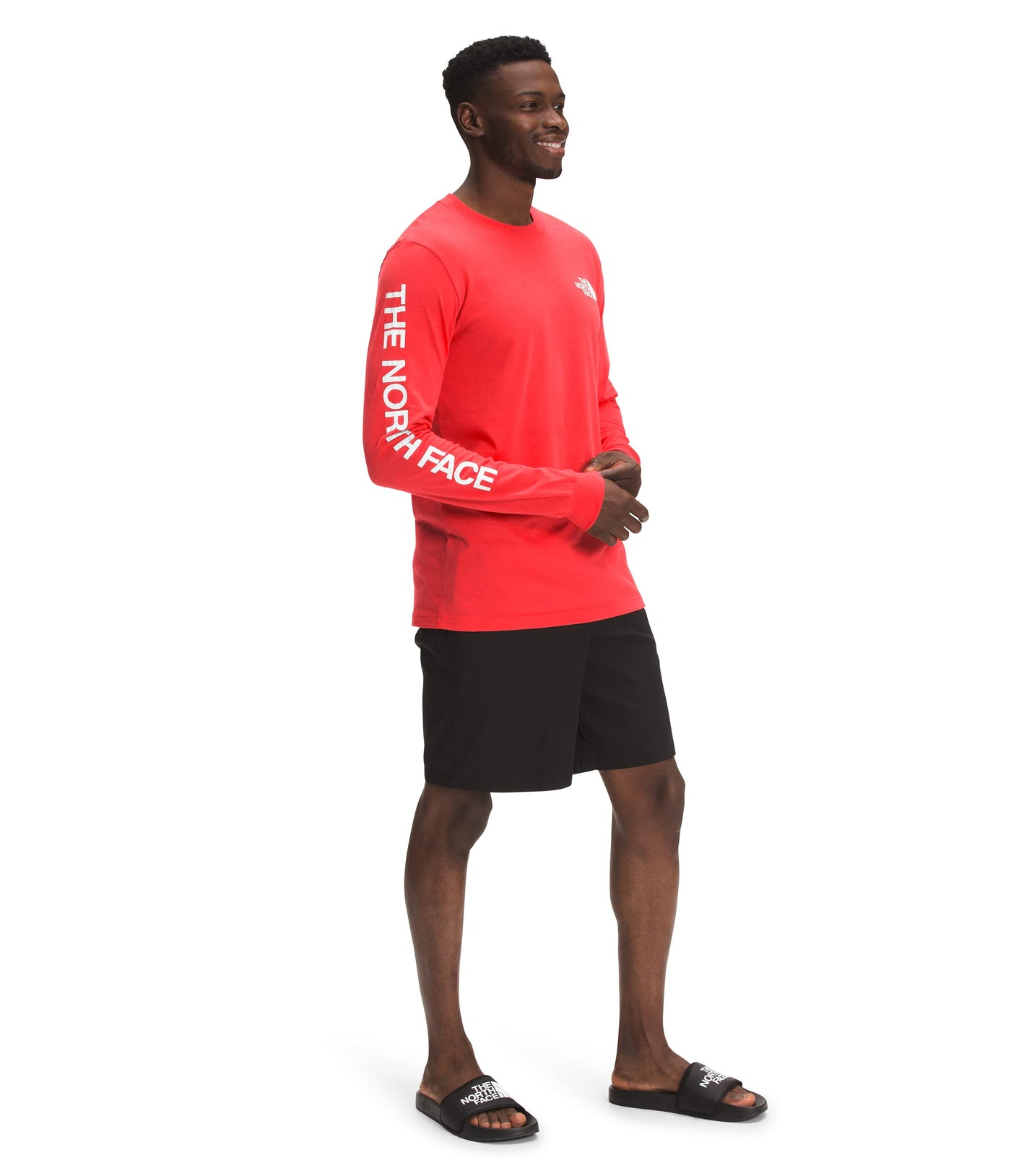 THE NORTH FACE Men's TNF Sleeve Hit Long Sleeve Tee, Horizon Red/TNF White, Large