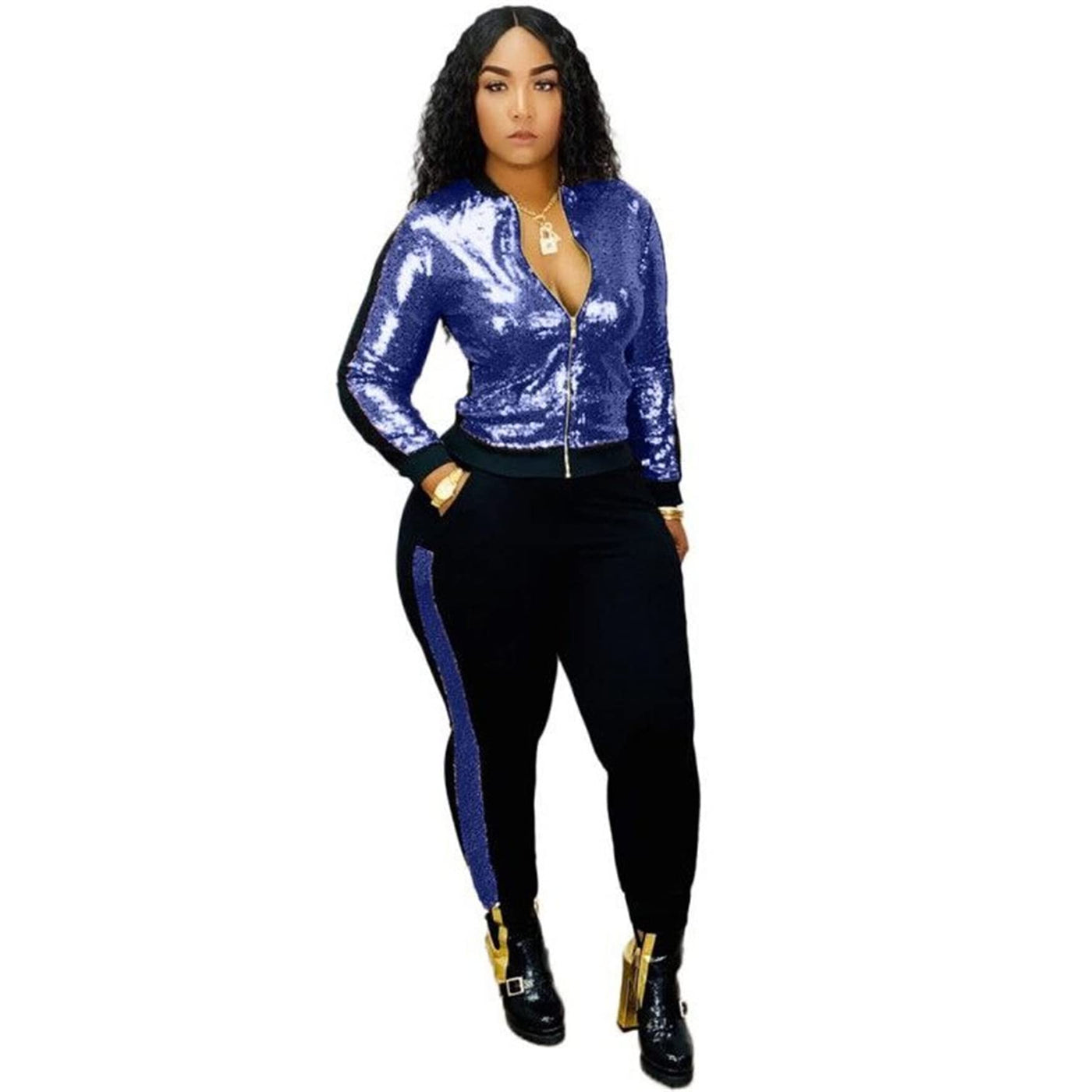 Women 2 Piece Glitter Sequin Outfits Tracksuit Zip Up Bomber Jacket Jogger Pants Pockets Metallic Jacket and Pant Set (Blue,XX-Large)