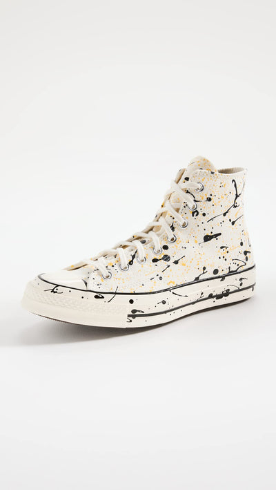 Converse Men's Chuck 70 Hi Paint Splatter Sneakers, Egret/Black/Amarillo, 7.5 Medium US