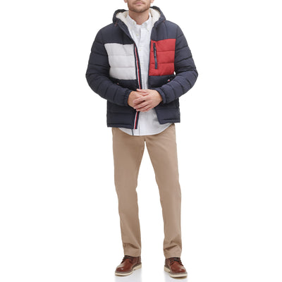 Tommy Hilfiger Men's Midweight Sherpa Lined Hooded Water Resistant Puffer Jacket, Tommy Flag Combo Tech, Large