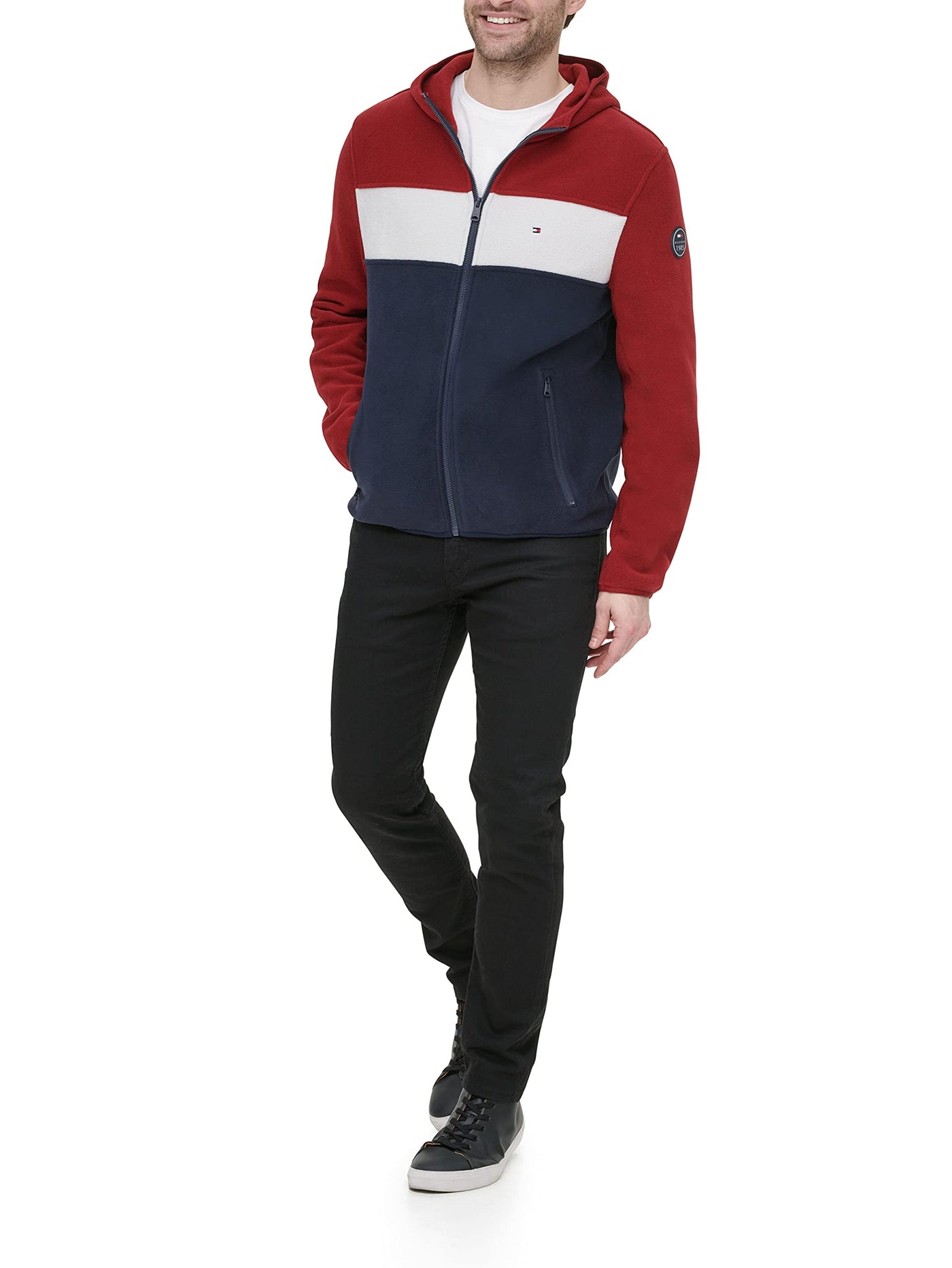 Tommy Hilfiger Men's Hooded Performance Fleece Jacket, red/ice/navy, X-Large