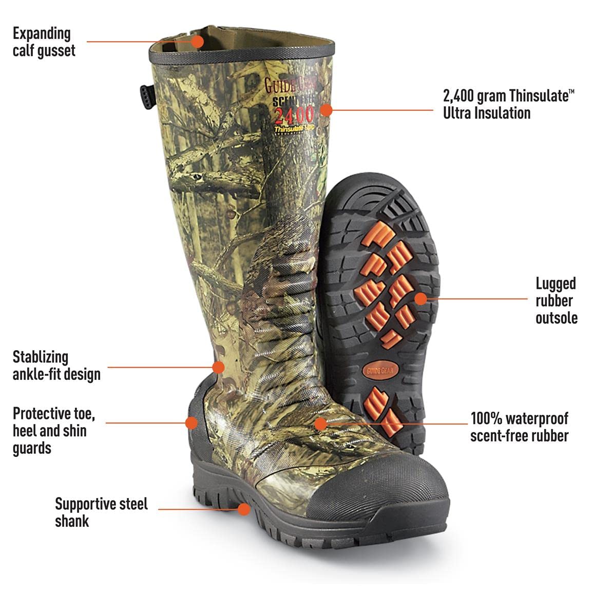 Guide Gear Men's Ankle Fit Insulated Rubber Boots, 2,400-gram, Mossy Oak Break-Up Country, 11D (Medium)