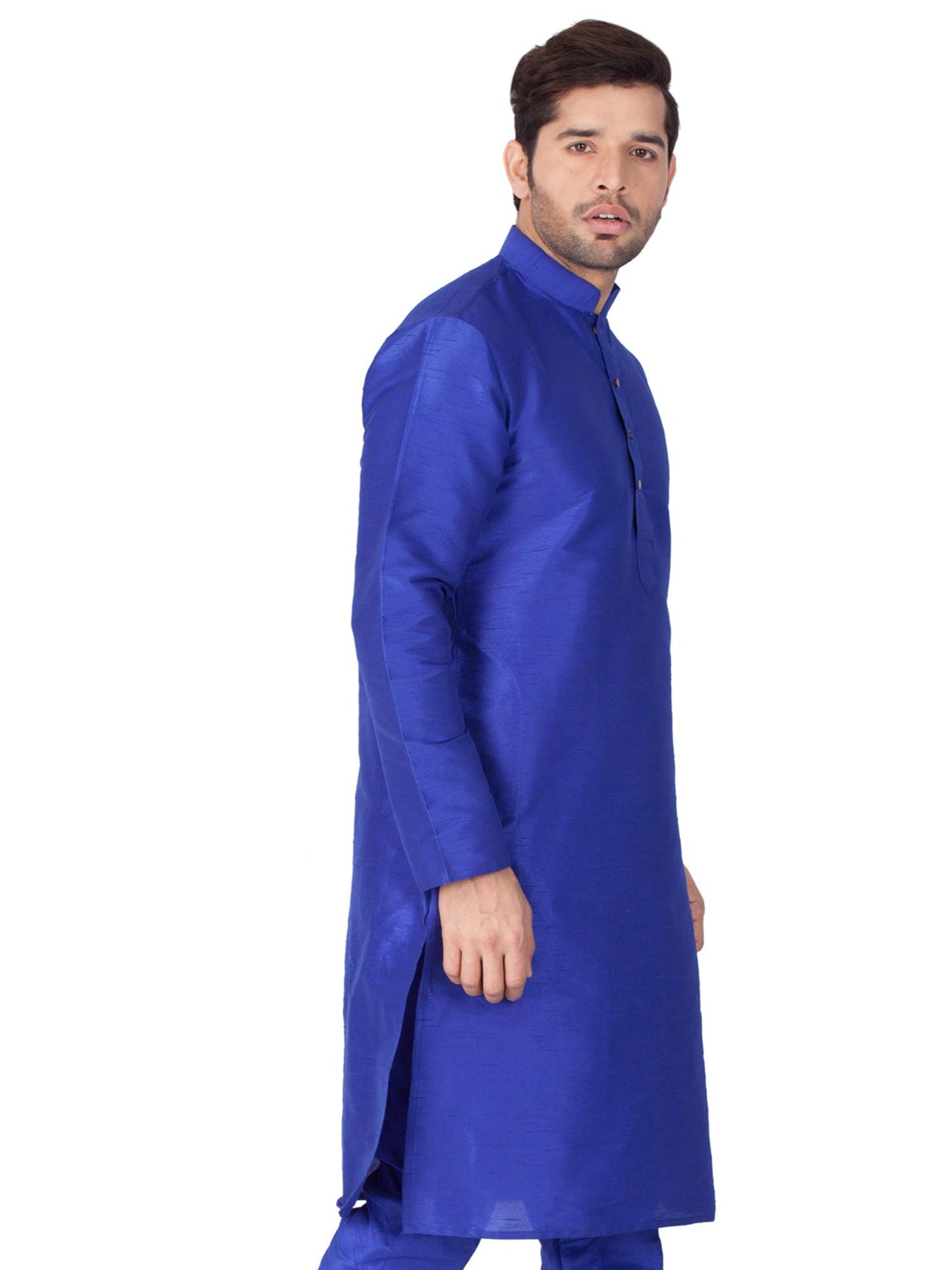 Elina fashion Men's Tunic Banglori Silk Kurta Pajama Set Indian Traditional Wear Blue Large