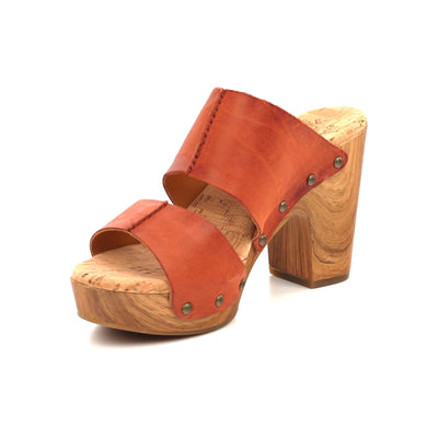 KORK-EASE Darra Women's Platform Sandals - Hand-Finished Leather with Antiqued Studs, Woodgrain Accent 9 Orange