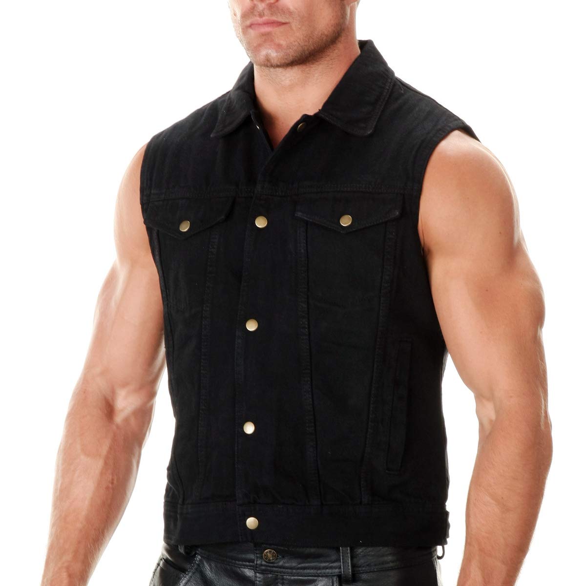 Xelement B285 Men's 'Dirty' Black Denim Motorcycle Rider Vest with Shirt Collar - Large