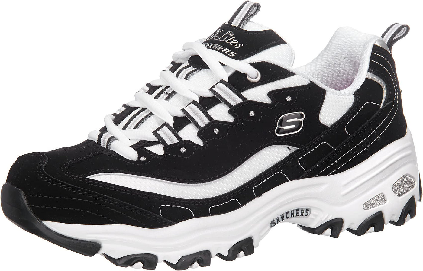 Skechers Sport Women's D'Lites Memory Foam Lace-up Sneaker,Biggest Fan Black/White,8 M US