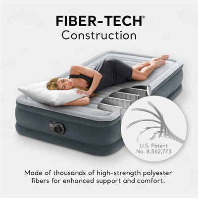Intex 67765ED Dura-Beam Deluxe Comfort-Plush Mid-Rise Air Mattress: Fiber-Tech – Twin Size – Built-in Electric Pump – 13in Bed Height – 300lb Weight Capacit