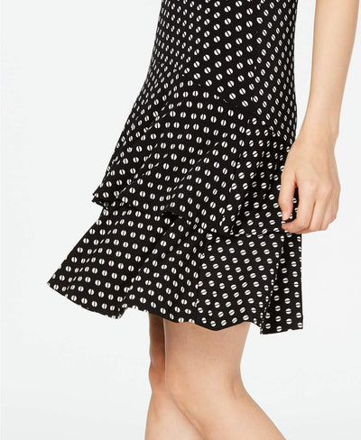 Michael Michael Kors Women's Plus Size Sliced Dot Printed Ruffled Flounced A-Line Sleeveless Dress, Black/Bone 1X