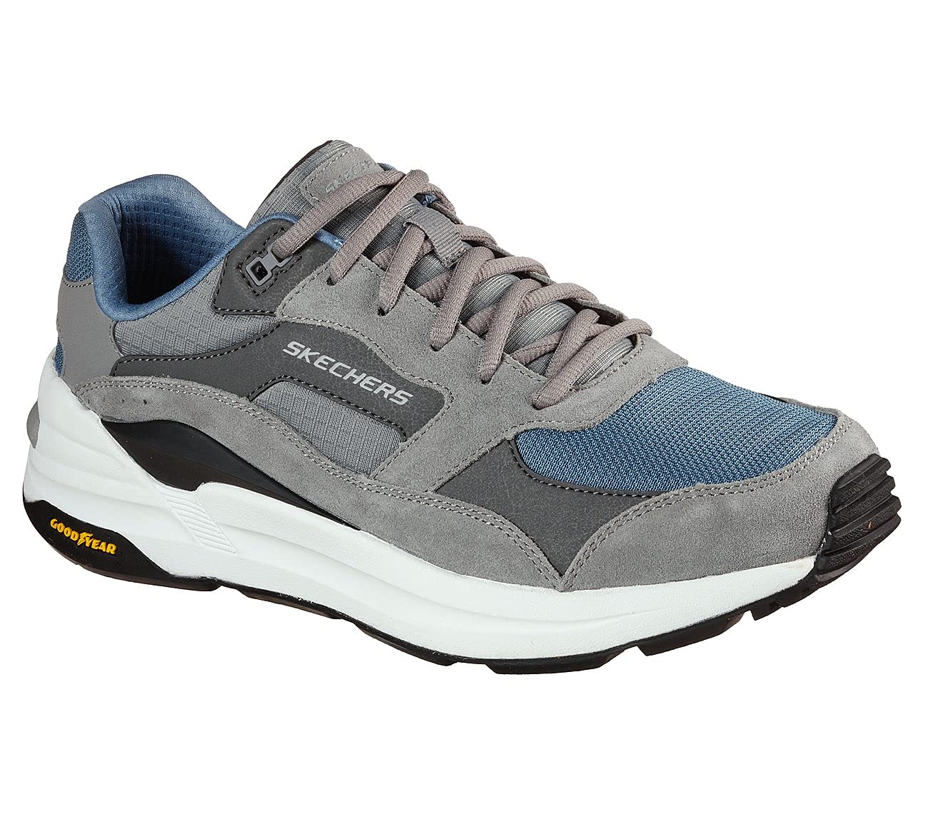 Skechers Men's Sneaker, Gray Leather Pu Blue Mesh Trim, 10