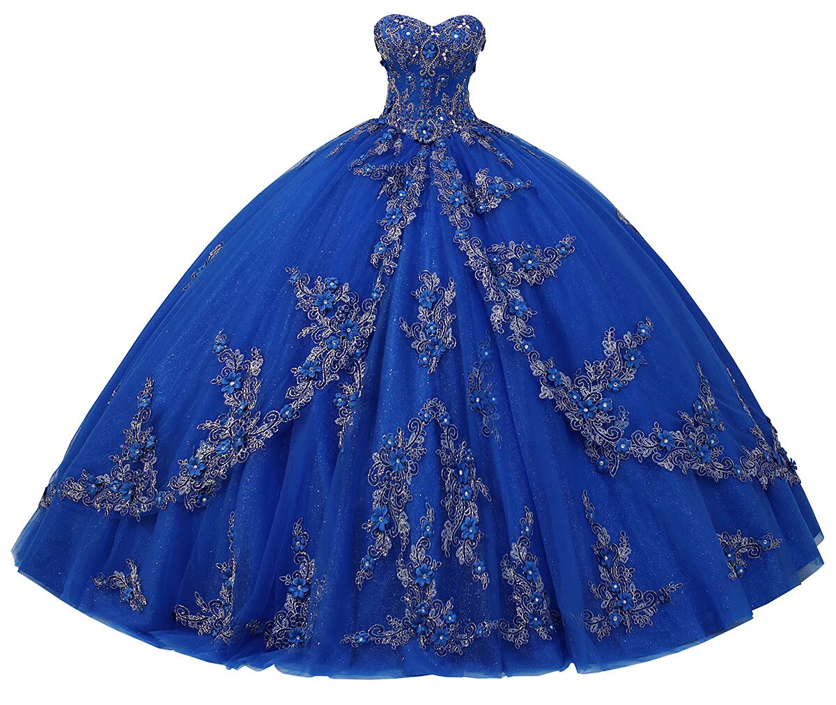 Long Sweetheart Quinceanera Dresses for Women Strapless Corset with Floral Appliques Beaded Tulle Prom Dress 4 Royal Blue