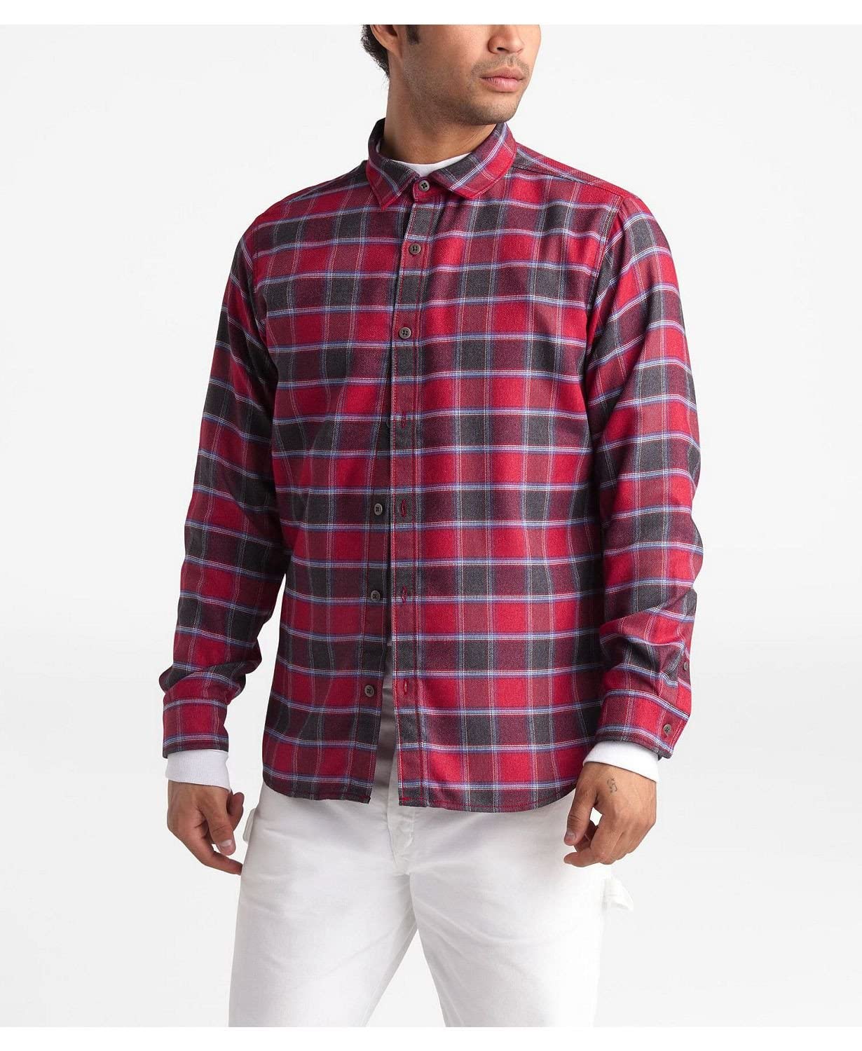 The North Face Men's Long Sleeve Button Down Flannel Shirt (Red, Large)