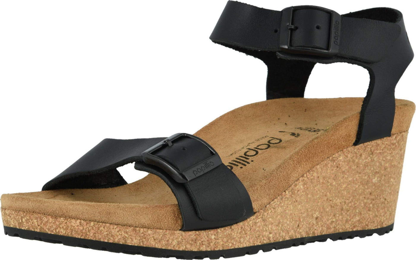 Birkenstock Womens Soley Wedge Sandal, Black Leather, 7-7.5 Narrow