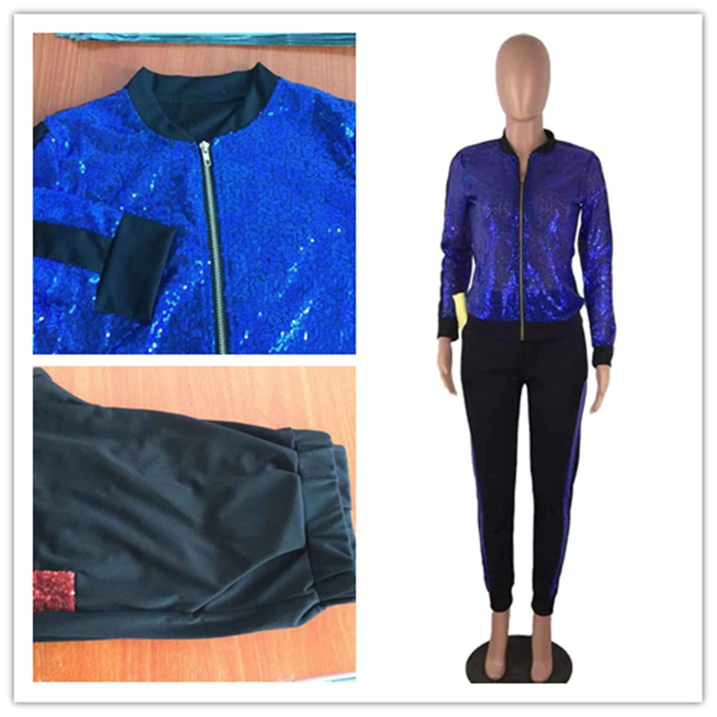 Women 2 Piece Glitter Sequin Outfits Tracksuit Zip Up Bomber Jacket Jogger Pants Pockets Metallic Jacket and Pant Set (Blue,XX-Large)