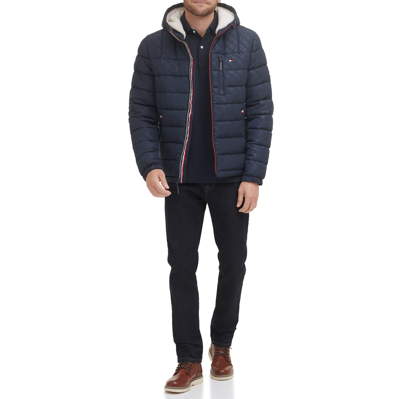 Tommy Hilfiger Men's Midweight Sherpa Lined Hooded Water Resistant Puffer Jacket, Tommy Logo Tech, XX-Large