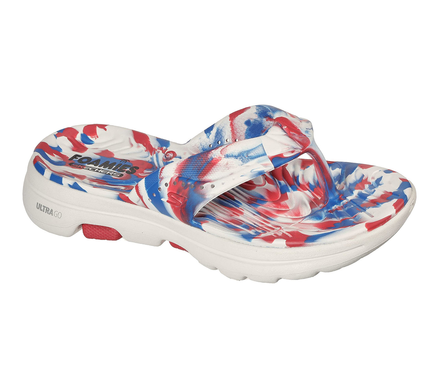 Skechers Women's Foamies GOwalk 5 - Merica Sweets Flip Flop Sandals, White/Blue/Red, 10