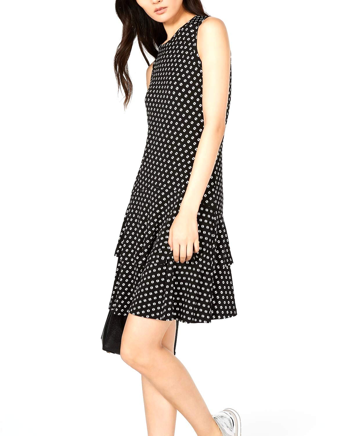 Michael Michael Kors Women's Plus Size Sliced Dot Printed Ruffled Flounced A-Line Sleeveless Dress, Black/Bone 1X