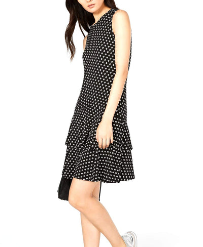 Michael Michael Kors Women's Plus Size Sliced Dot Printed Ruffled Flounced A-Line Sleeveless Dress, Black/Bone 1X