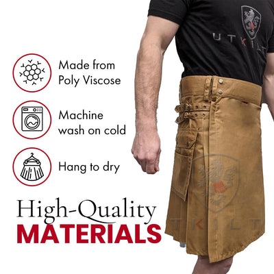 UT Kilts Men's Standard Utility Kilt, Modern Scottish Kilt for Everyday Wear, Tactical Kilts with Adjustable Hip Straps & Cargo Pockets for Men, 22" Length, Dark Khaki, Size 36-37