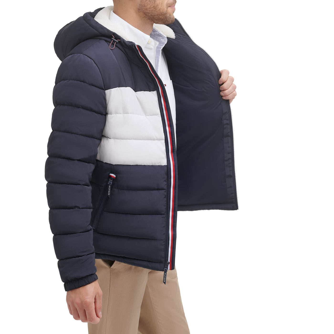 Tommy Hilfiger Men's Midweight Sherpa Lined Hooded Water Resistant Puffer Jacket, Tommy Flag Combo Tech, Medium