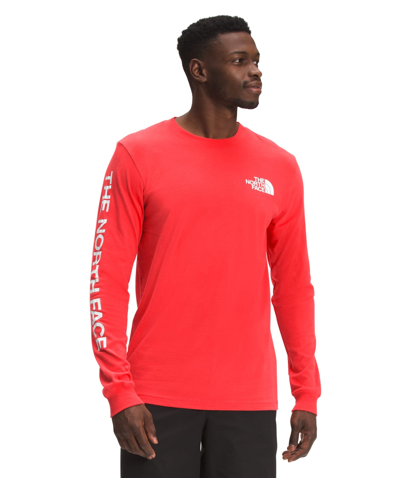 THE NORTH FACE Men's TNF Sleeve Hit Long Sleeve Tee, Horizon Red/TNF White, Large