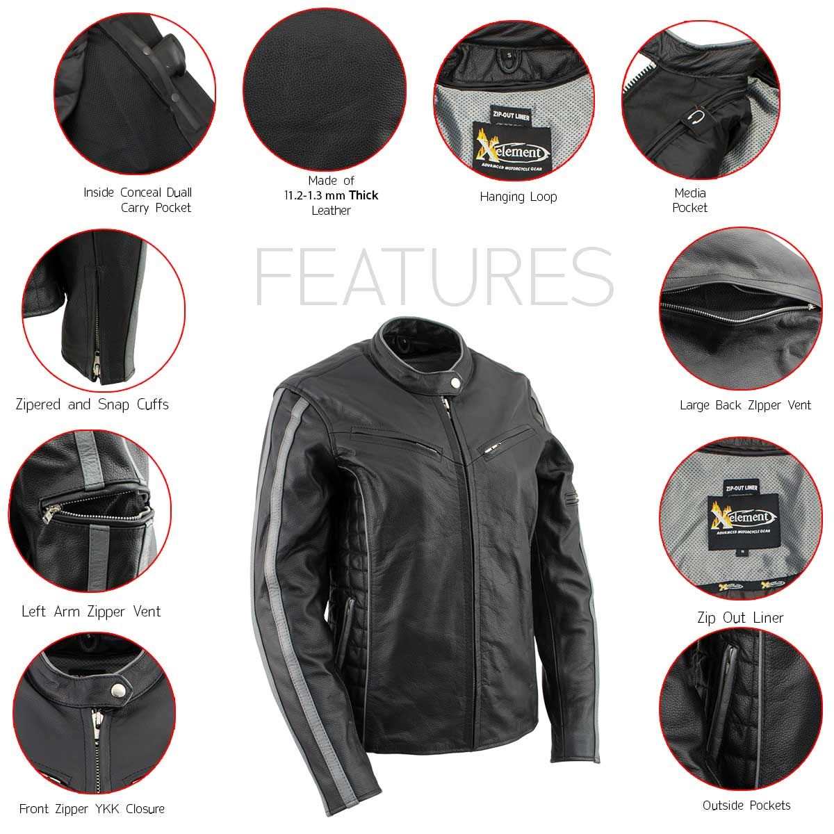 Xelement B7065 Women’s ‘Silver Fox’ Black with Silver Multi Vented Leather Motorcycle Jacket - 2X-Large